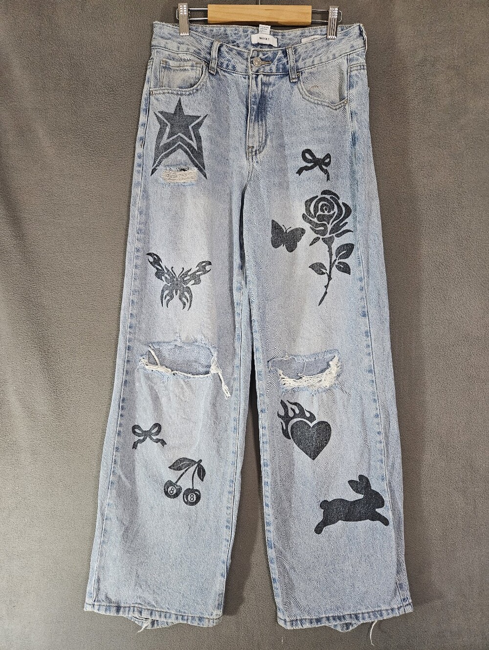 Forever21 Y2K Womens 26 Baggy Destressed Jeans Blue Floral Butterfly Wide Leg